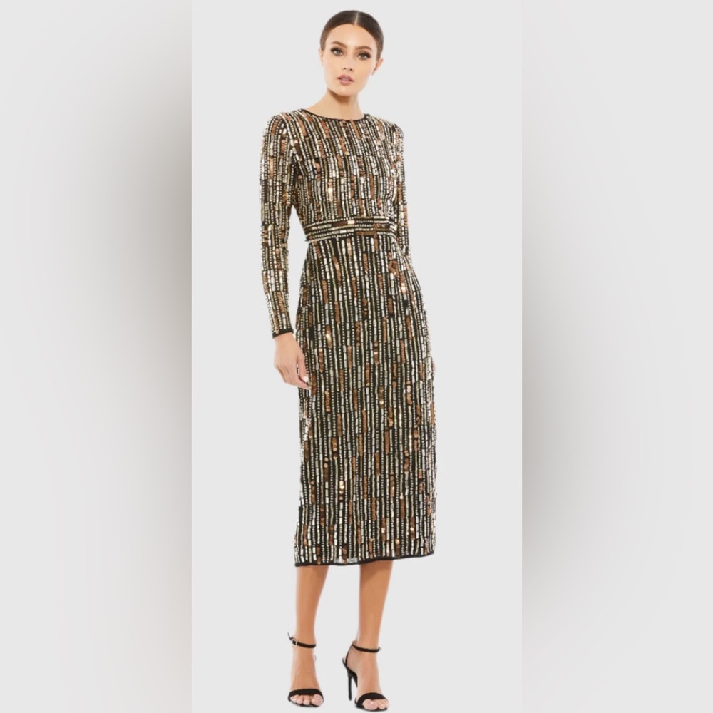 Mac Duggal Long-Sleeve Embellished Midi-Dress